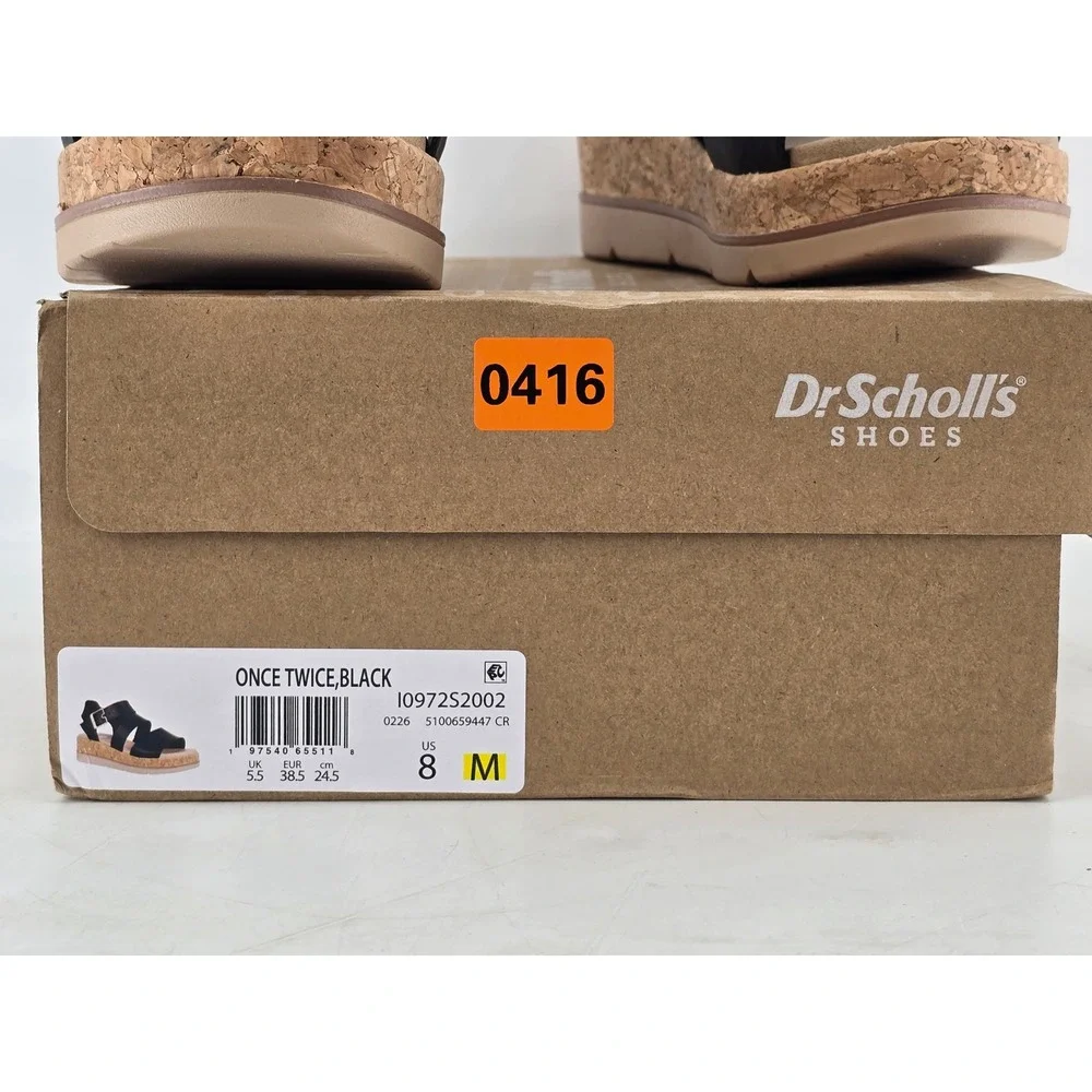 Dr. Scholl's Once Twice Sandals Womens 8 Black Strappy Cork Wedge -Excellent